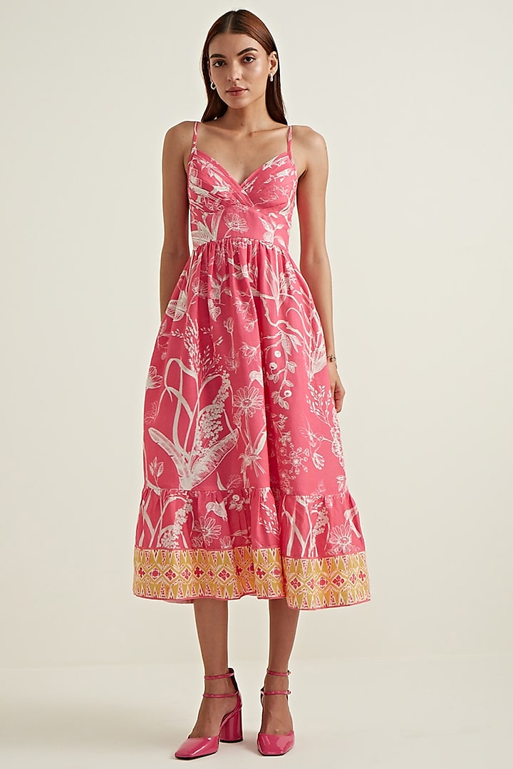 Rose Pink Linen Viscose Printed Dress by Ranna Gill at Pernia's Pop Up Shop