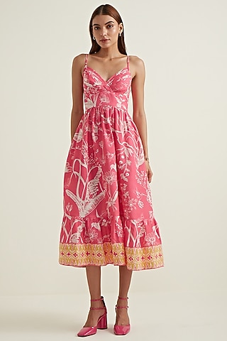 Rose Pink Linen Viscose Printed Dress by Ranna Gill