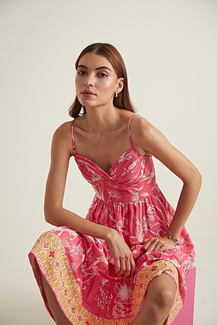 Rose Pink Linen Viscose Printed Vacation Dress by Ranna Gill at Pernia's Pop Up Shop