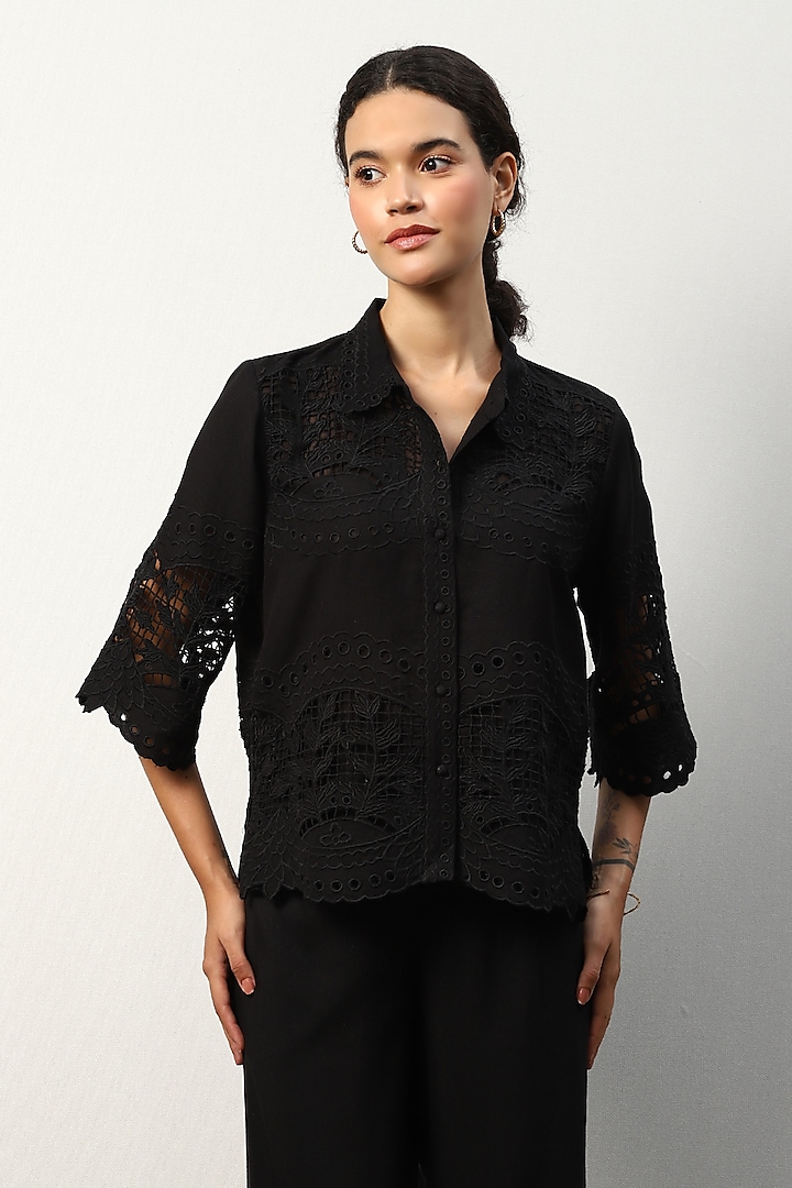 Black Linen Viscose Shirt by Ranna Gill at Pernia's Pop Up Shop