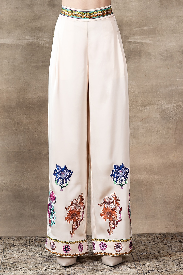 Snow White Satin Printed Wide-Leg Pants by Ranna Gill at Pernia's Pop Up Shop