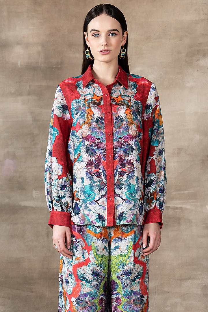Red Linen Viscose Printed Shirt by Ranna Gill at Pernia's Pop Up Shop