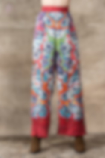 Red Linen Viscose Blend Printed Wide-Leg Pants by Ranna Gill at Pernia's Pop Up Shop