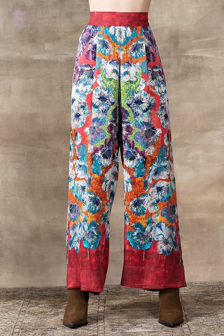 Red Linen Viscose Blend Printed Wide-Leg Pants by Ranna Gill at Pernia's Pop Up Shop