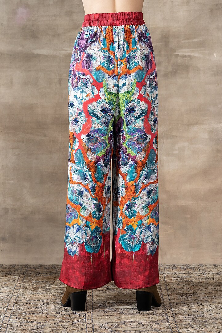 Red Linen Viscose Blend Printed Wide-Leg Pants by Ranna Gill at Pernia's Pop Up Shop
