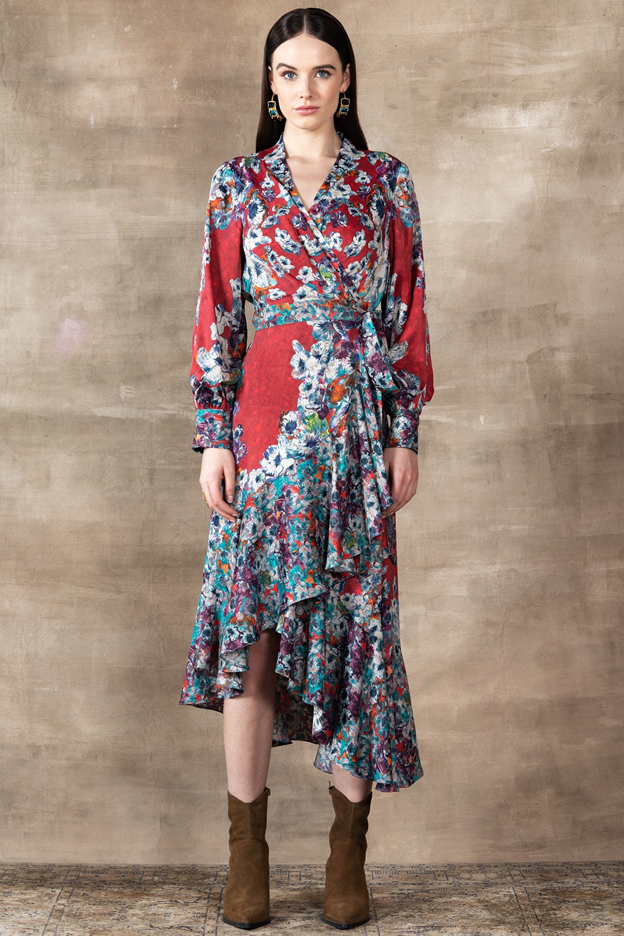 Printed Sleeve Detail Short Wrap-Around Dress - Lankara Clothing