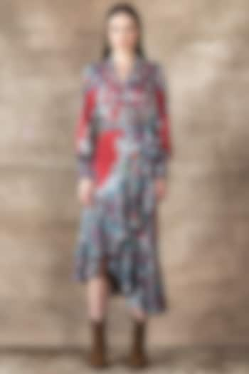 Red Satin Viscose Blend Printed Wrap Dress by Ranna Gill