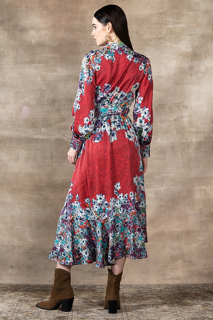 Red Satin Viscose Blend Printed Wrap Vacation Dress by Ranna Gill at Pernia's Pop Up Shop