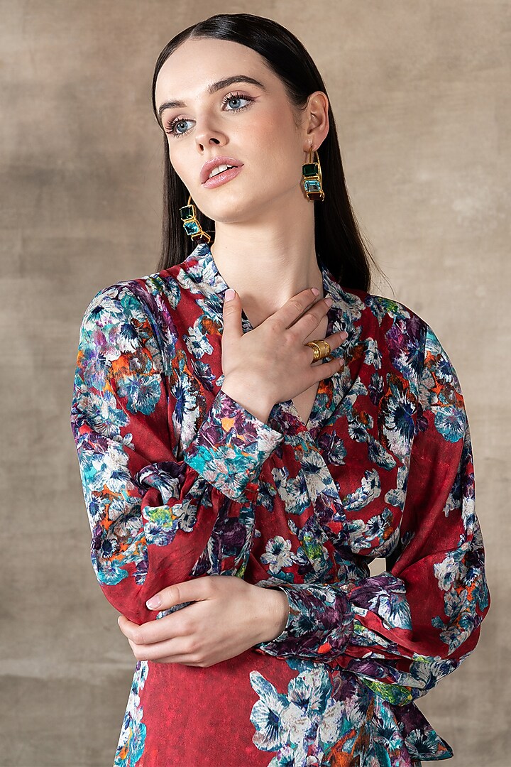Red Satin Viscose Blend Printed Wrap Vacation Dress by Ranna Gill at Pernia's Pop Up Shop