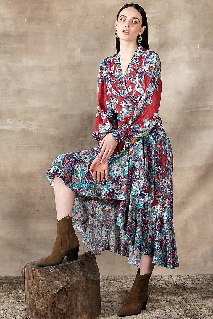 Red Satin Viscose Blend Printed Wrap Vacation Dress by Ranna Gill at Pernia's Pop Up Shop