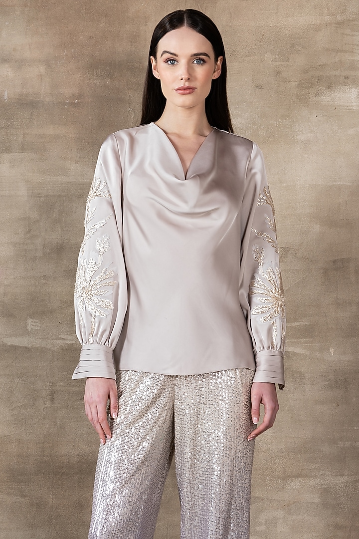 Silver & Grey Poly Satin Top by Ranna Gill at Pernia's Pop Up Shop