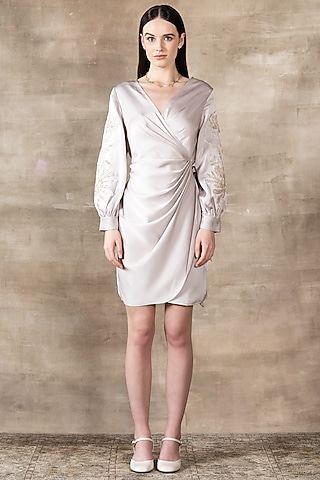Lavender Poly Satin Draped Dress by Ranna Gill