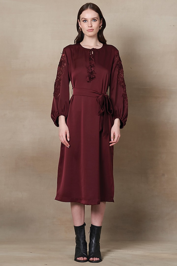 Dark Red Poly Satin Midi Dress by Ranna Gill at Pernia's Pop Up Shop