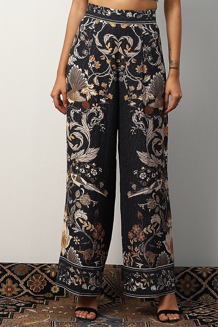 Black Linen Viscose Motifs Wide-Leg Pants by Ranna Gill at Pernia's Pop Up Shop