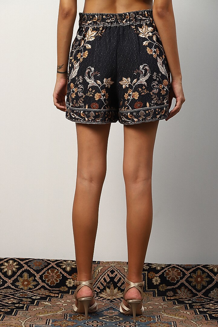 Black Linen Viscose Blend Printed Shorts by Ranna Gill at Pernia's Pop Up Shop