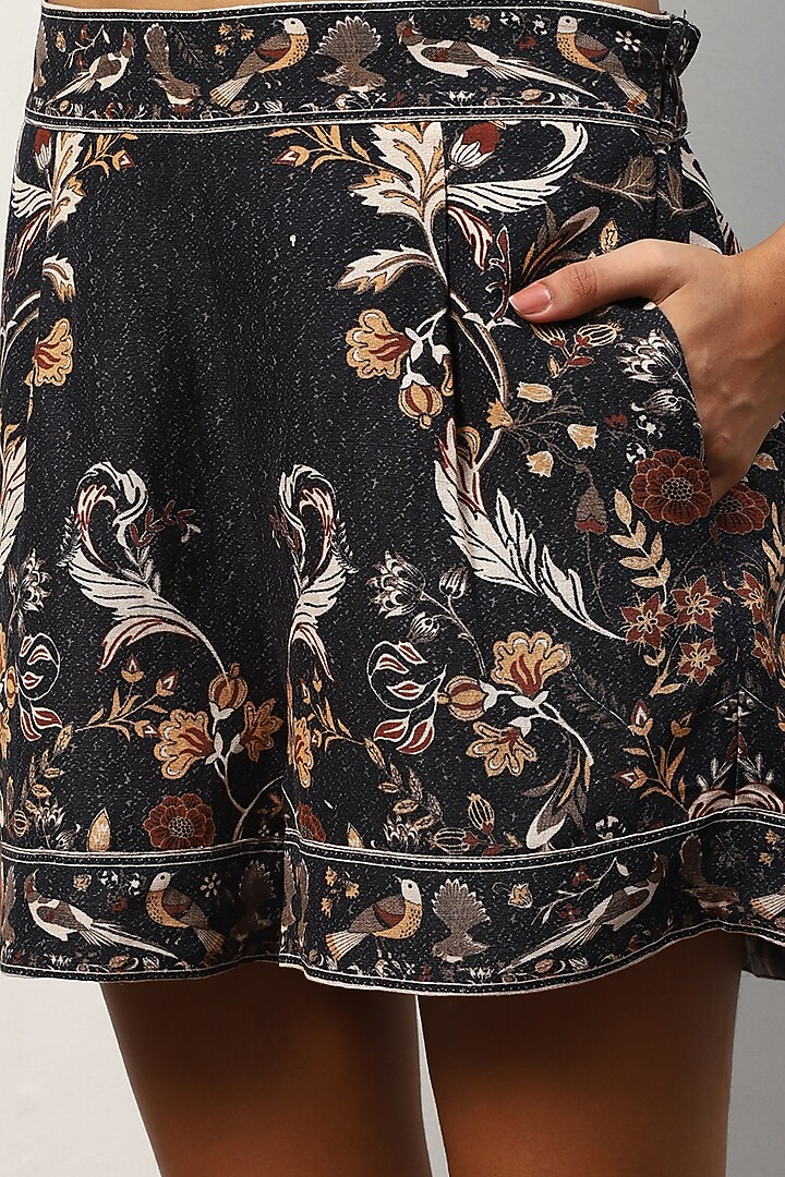 Black Linen Viscose Blend Printed Shorts by Ranna Gill at Pernia's Pop Up Shop