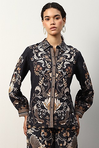 Black Linen Viscose Printed Top by Ranna Gill