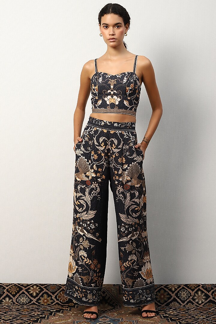 Black Linen Viscose Motifs Corset by Ranna Gill at Pernia's Pop Up Shop