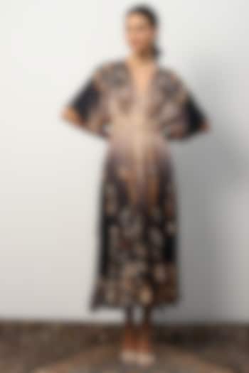 Black Dull Satin Printed Vacation Dress by Ranna Gill at Pernia's Pop Up Shop