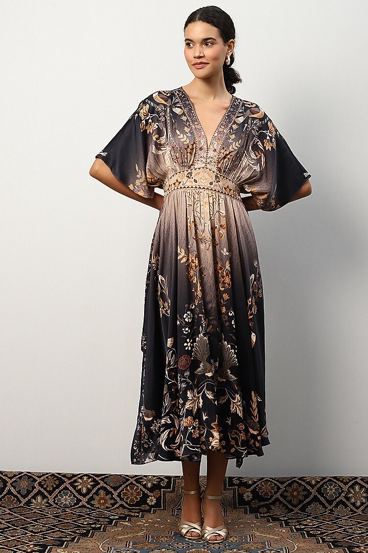 Black Dull Satin Printed Vacation Dress by Ranna Gill at Pernia's Pop Up Shop