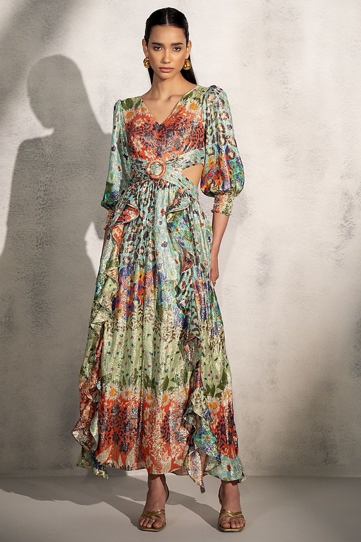 Multi-Colored Viscose Lurex Georgette Floral Printed Vacation Dress by Ranna Gill at Pernia's Pop Up Shop