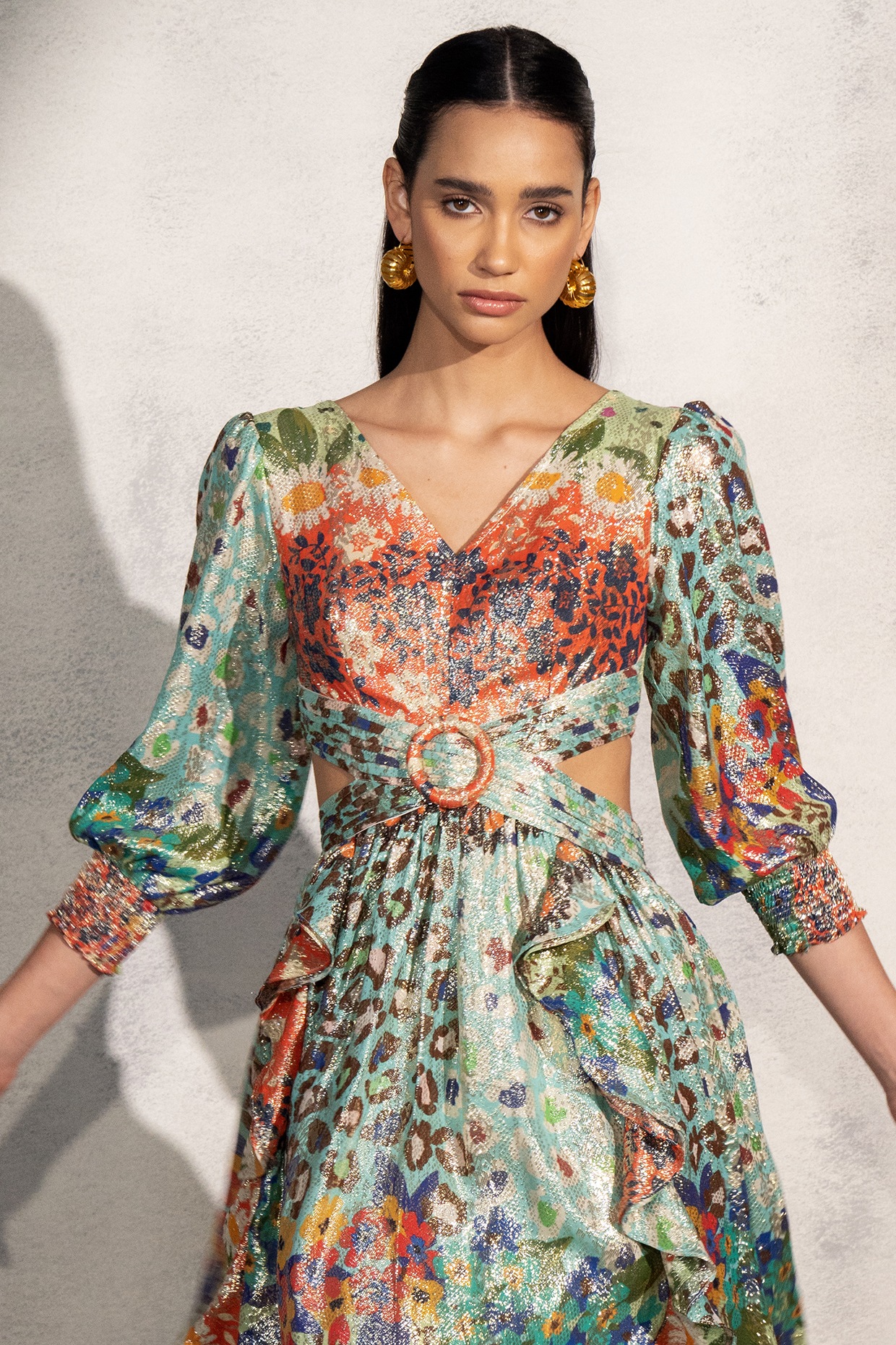 Multi-Colored Viscose Lurex Georgette Floral Printed Dress