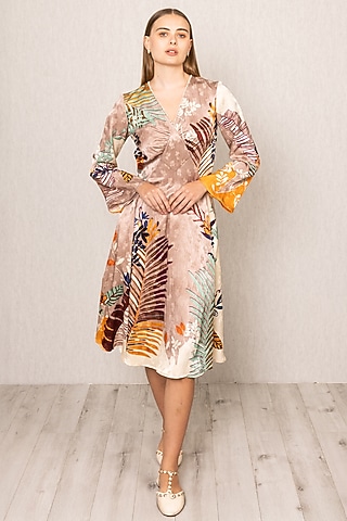 Multi-Colored Viscose Jacquard Floral Printed Midi Dress by Ranna Gill