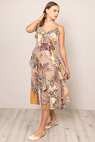 Multi-Colored Viscose Georgette Floral Printed & Embroidered Ruffled Midi Dress by Ranna Gill