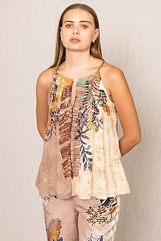 Multi-Colored Viscose Georgette Embroidered & Printed Tank Top by Ranna Gill