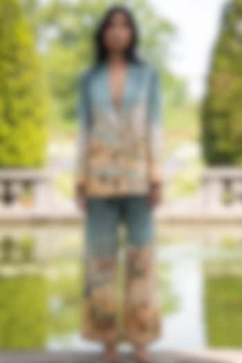 Teal Blue Viscose Georgette Printed & Embroidered Wide-Legged Pants by Ranna Gill at Pernia's Pop Up Shop