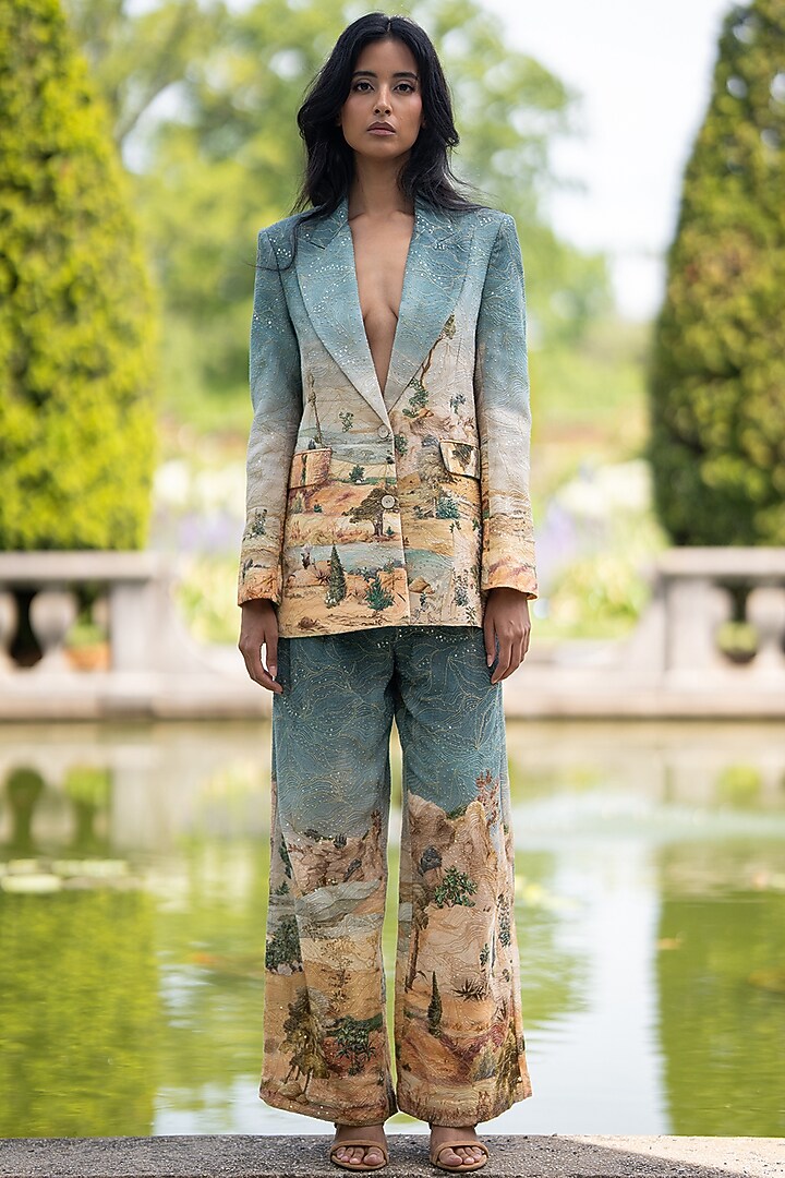 Teal Blue Viscose Georgette Printed & Embroidered Wide-Legged Pants by Ranna Gill at Pernia's Pop Up Shop