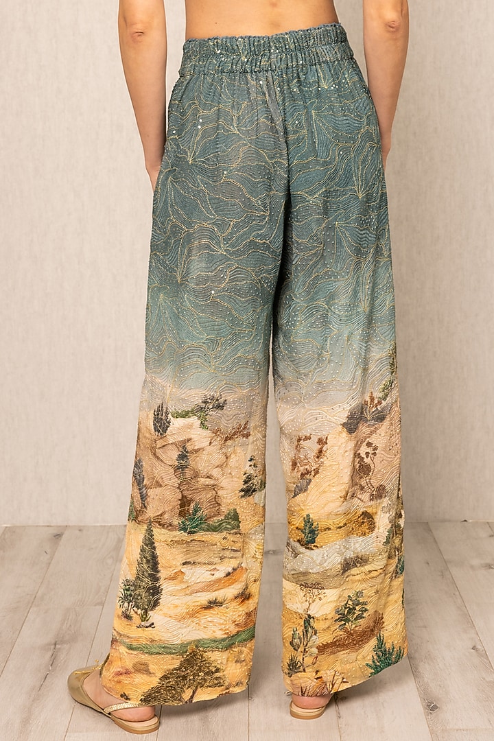 Teal Blue Viscose Georgette Printed & Embroidered Wide-Leg Pants by Ranna Gill at Pernia's Pop Up Shop