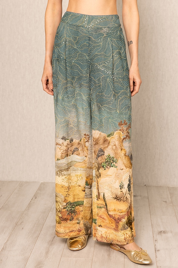 Teal Blue Viscose Georgette Printed & Embroidered Wide-Leg Pants by Ranna Gill at Pernia's Pop Up Shop