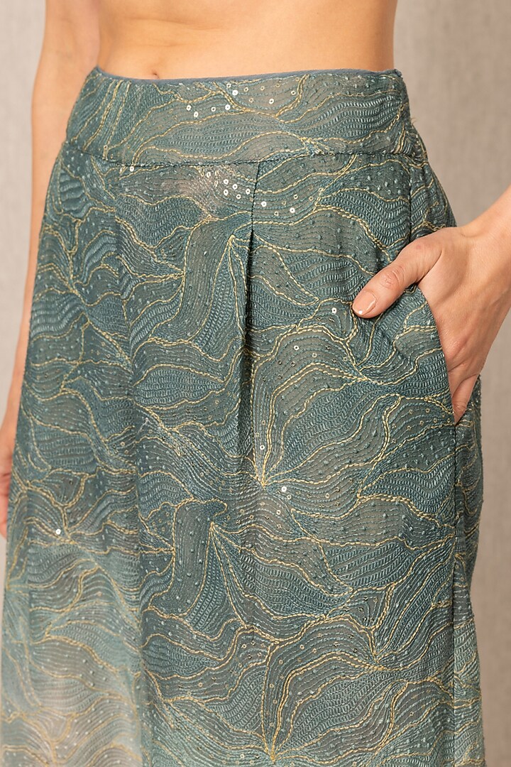 Teal Blue Viscose Georgette Printed & Embroidered Wide-Leg Pants by Ranna Gill at Pernia's Pop Up Shop