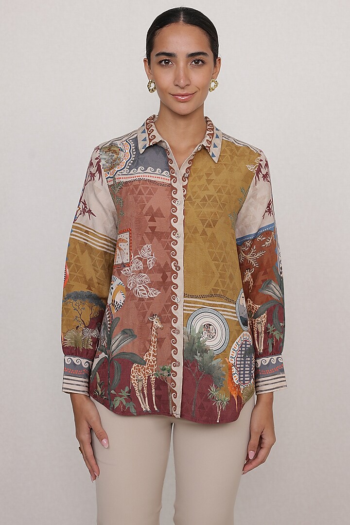 Multi-Colored Viscose Linen Embroidered Shirt by Ranna Gill at Pernia's Pop Up Shop