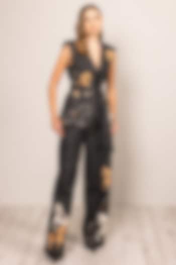 Black Denim Embroidered Waistcoat by Ranna Gill at Pernia's Pop Up Shop