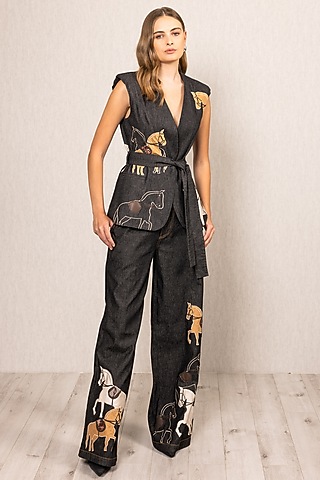 Black Denim Embroidered Waistcoat by Ranna Gill