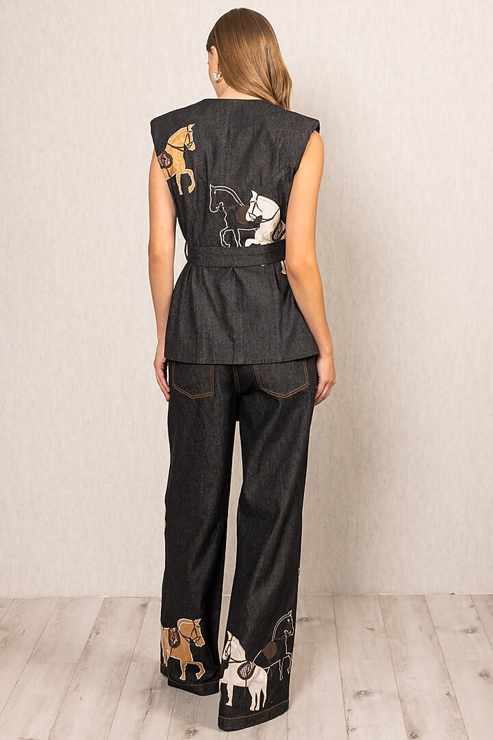 Black Denim Embroidered Waistcoat by Ranna Gill at Pernia's Pop Up Shop