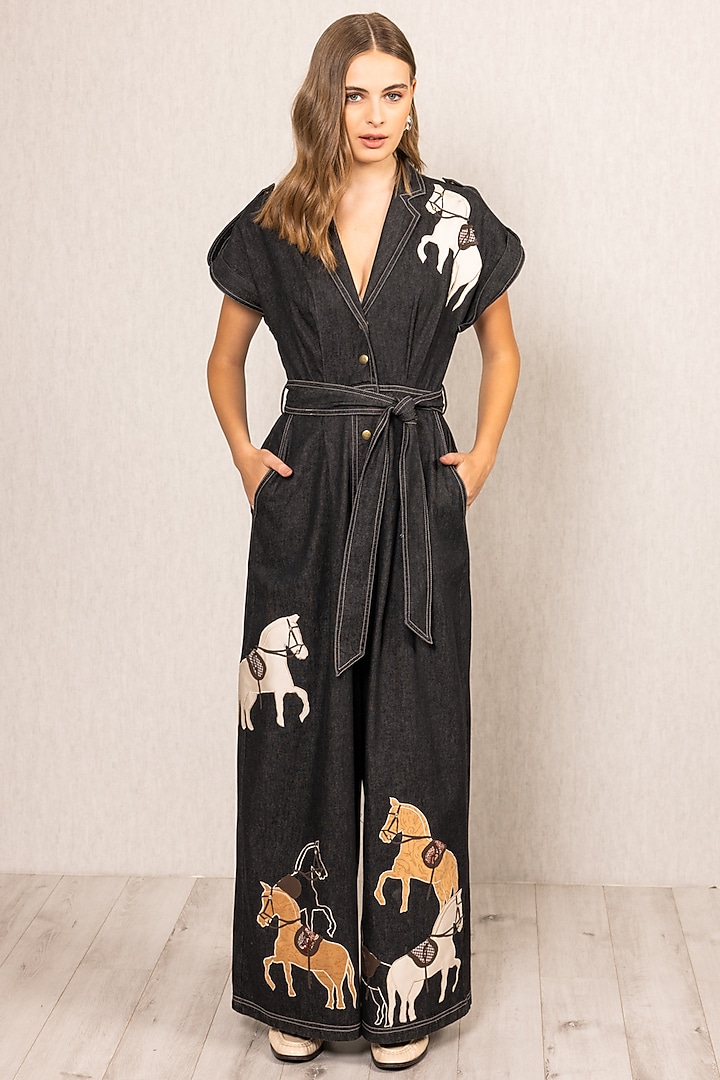 Black Denim Embroidered Jumpsuit by Ranna Gill at Pernia's Pop Up Shop
