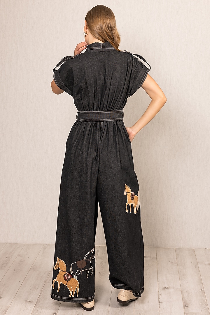 Black Denim Embroidered Jumpsuit by Ranna Gill at Pernia's Pop Up Shop