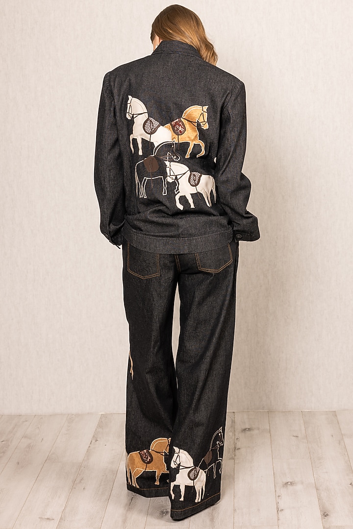 Black Denim Embroidered Jacket by Ranna Gill at Pernia's Pop Up Shop