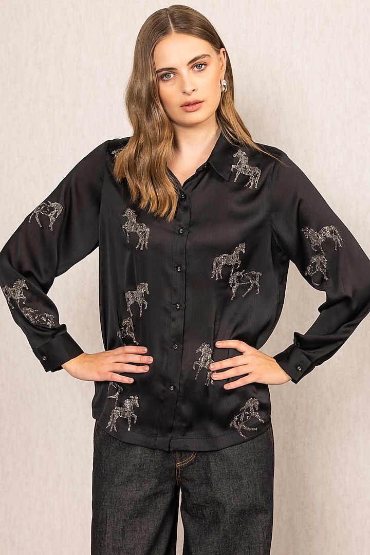 Black Royal Georgette Embroidered Shirt by Ranna Gill at Pernia's Pop Up Shop