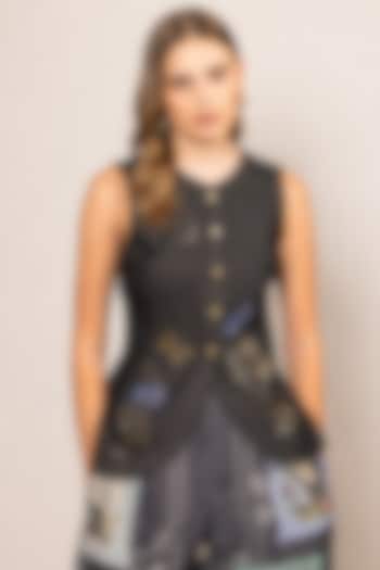 Black Denim Embroidered Waistcoat by Ranna Gill at Pernia's Pop Up Shop