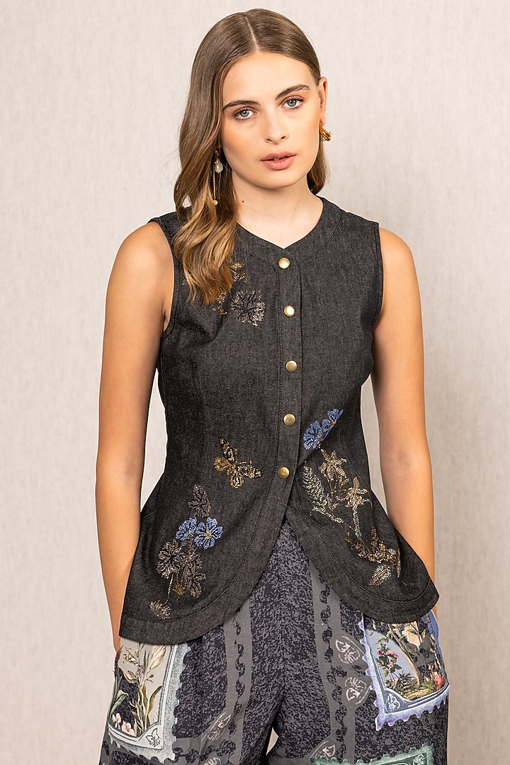 Black Denim Embroidered Waistcoat by Ranna Gill at Pernia's Pop Up Shop