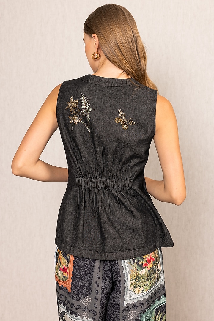 Black Denim Embroidered Waistcoat by Ranna Gill at Pernia's Pop Up Shop