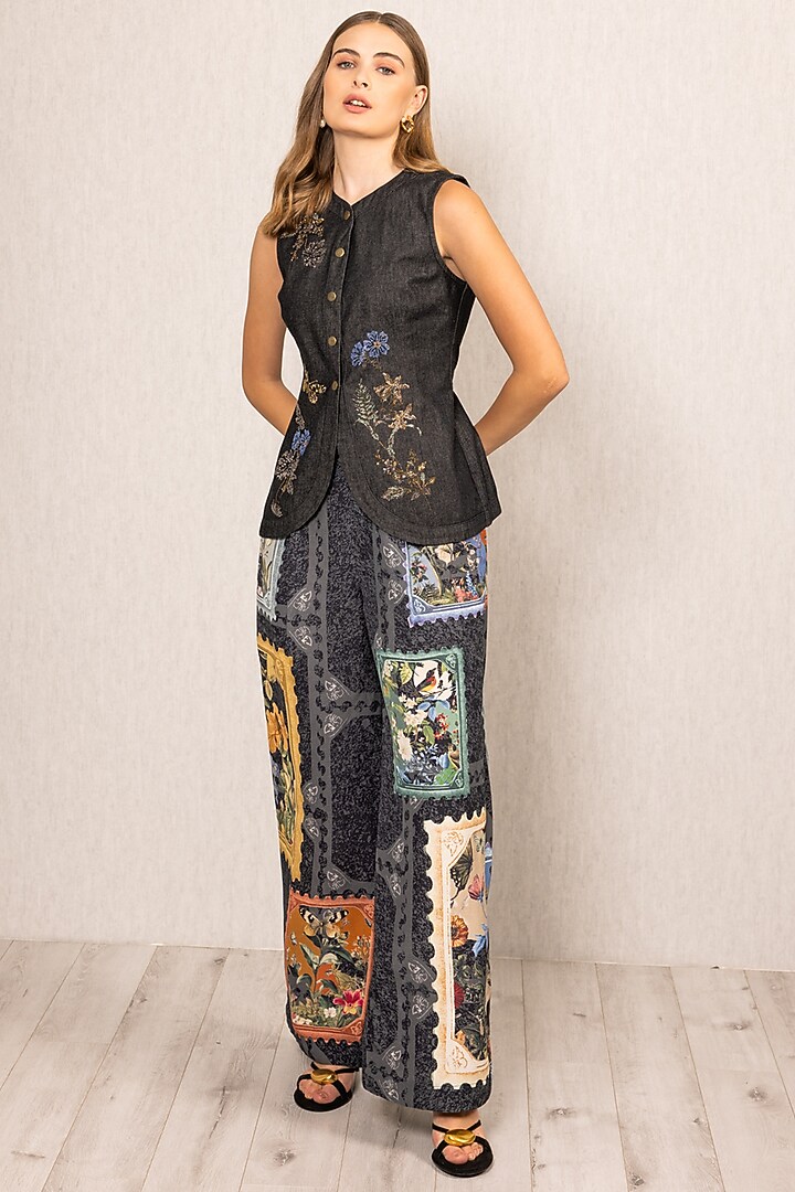 Black Denim Embroidered Waistcoat by Ranna Gill at Pernia's Pop Up Shop