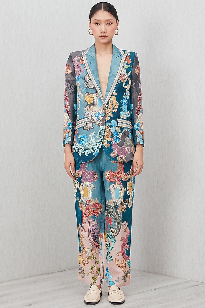 Multi-Colored Viscose Linen Embroidered Pants by Ranna Gill at Pernia's Pop Up Shop