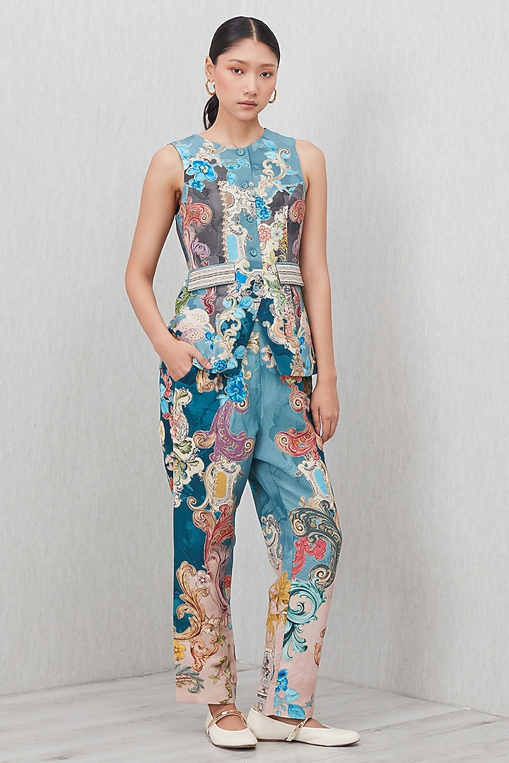 Multi-Colored Linen Viscose Printed & Embroidered Waistcoat by Ranna Gill at Pernia's Pop Up Shop