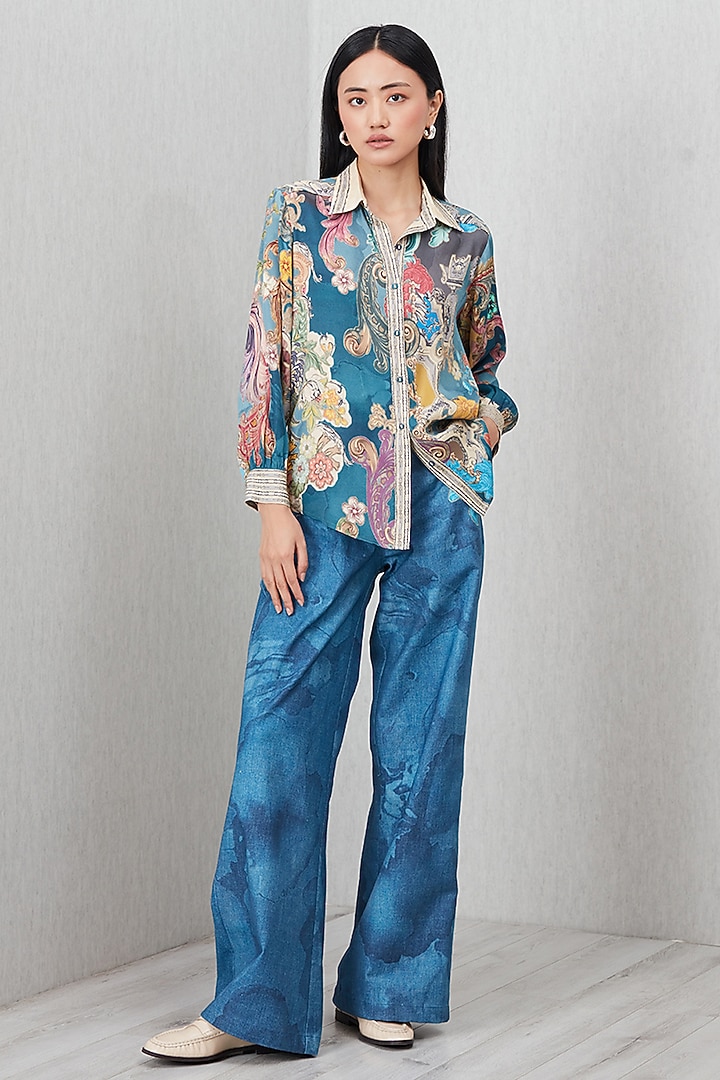 Multi-Colored Modal Satin Printed & Embroidered Shirt by Ranna Gill at Pernia's Pop Up Shop