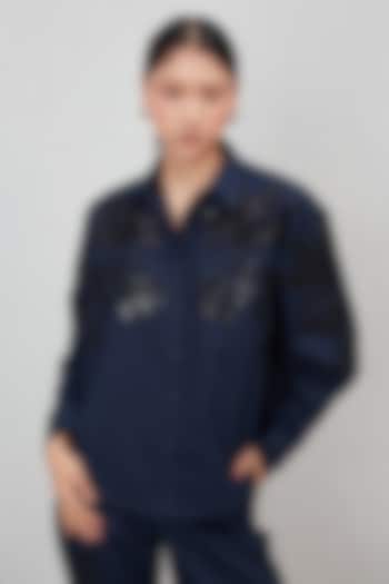 Navy Blue Cotton Twill Embroidered Shirt by Ranna Gill at Pernia's Pop Up Shop